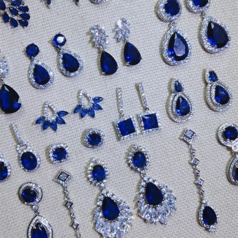 Blue Sapphire Silver Crystal Rhinestones Drop Earrings